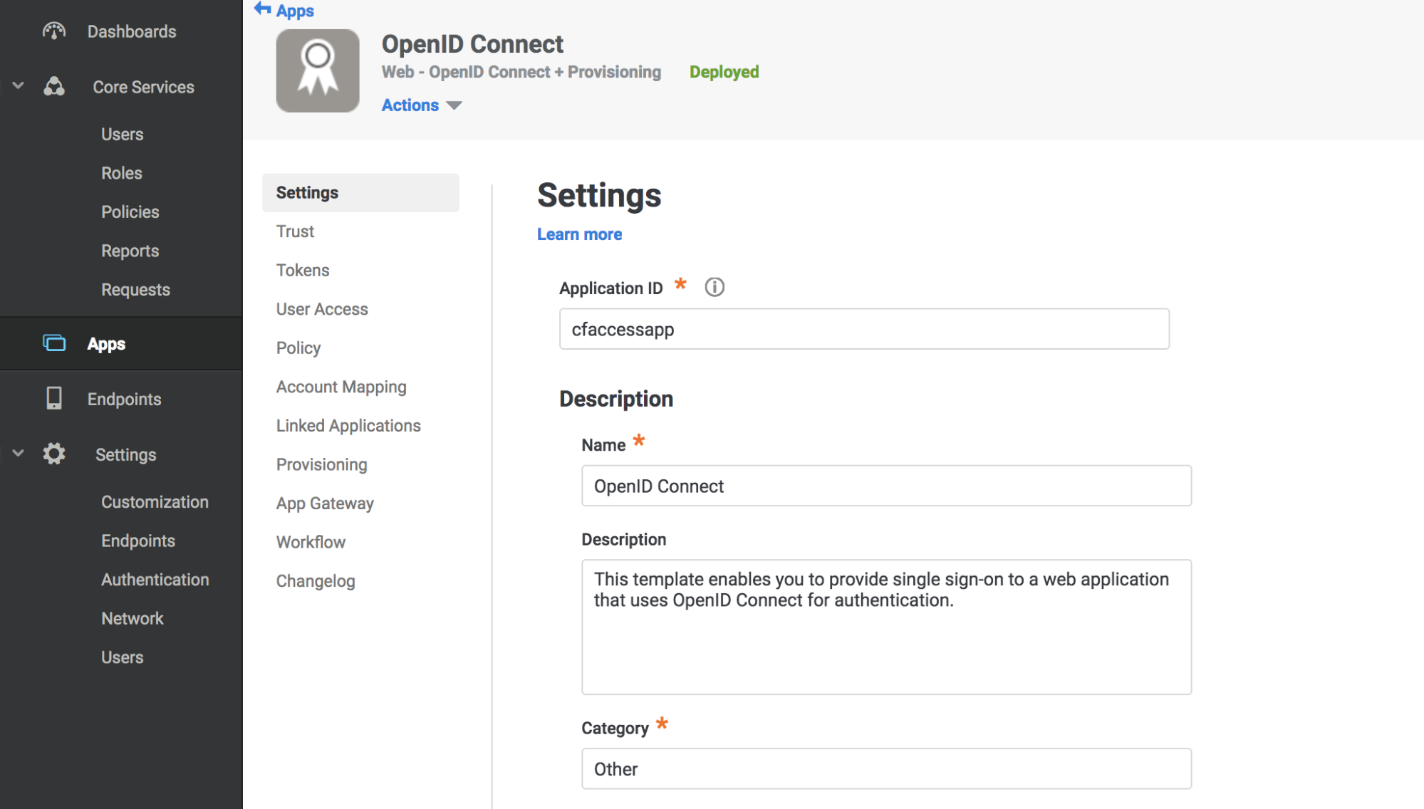 Centrify Settings with Application ID added